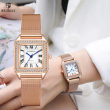 RUIMAS Women's Stainless Steel Mesh Bracelet Watches, Luxury Square Casual Quartz, Ladies' Dress Wristwatch