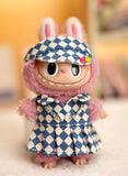 17cm Labubu Doll Checkerboard Tennis Outfit Set – Suspender Pants & Shirt Trendy Fashion Clothes for Baby Pendant Dolls