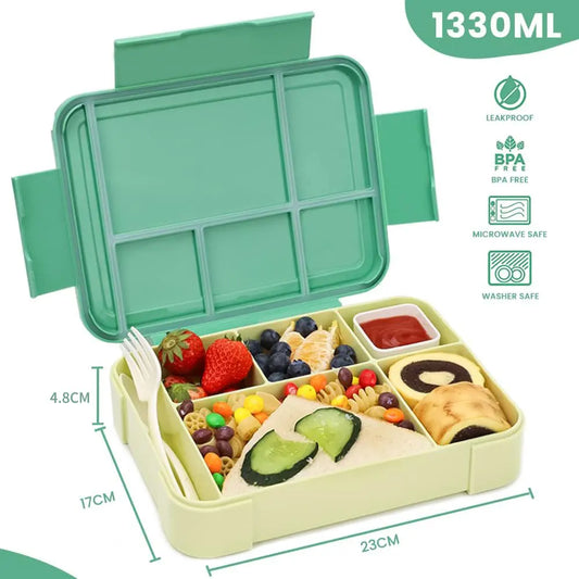 1330ML Durable Leak-Proof Bento Lunch Box – 6-Section Food Organizer with Included Cutlery for Children and Adults | Ideal for School Meals