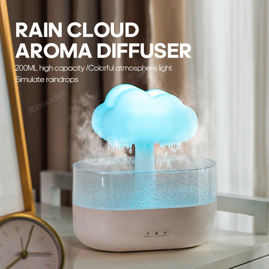 Cloud-Shaped Air Humidifier: Electric Essential Oil Diffuser with Ultrasonic Mist, Colorful Night Light, and White Noise Raindrops