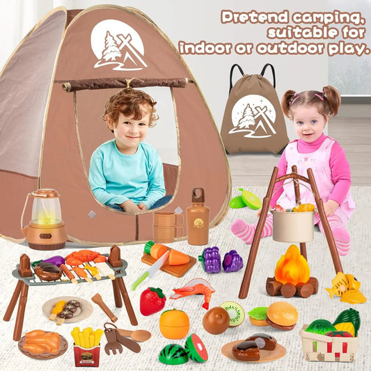 Camping Set for Kids: Tent Toy, BBQ Grill, Pretend Play Kitchen, Cutting Food Set—Indoor and Outdoor Toys, Toddler Gift