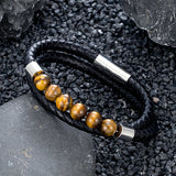 Double-Layer Braided Leather Bracelet – Classic Design with Natural Tiger Eye Beads | Unisex Charm Jewelry