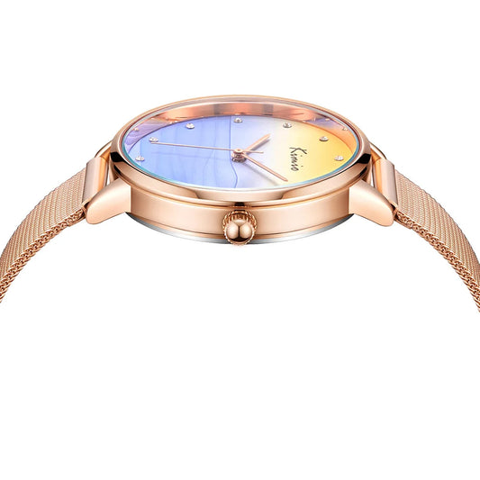 Women's Quartz Watch with Diamond Accents - Ocean Blue Big Dial, Fashionable Rose Gold Stainless Steel Mesh Strap