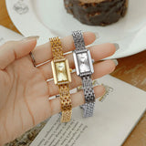 Luxury Fashion Woman's Wristwatch - Quartz Square Dial with Rhinestones, Stainless Steel Strap in Gold, Waterproof Ladies Watch