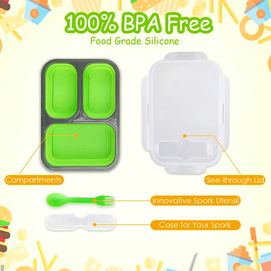 3-Compartment Collapsible Silicone Bento Lunch Box – Eco-Friendly, BPA-Free Food Container with Foldable Design and Included Spoon & Fork