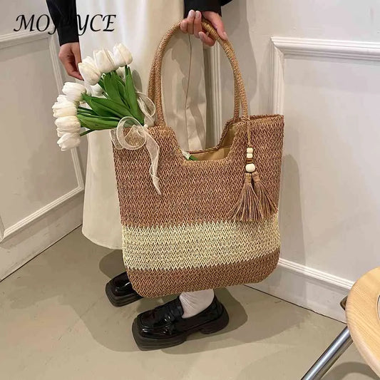 Stylish Summer Woven Tote For Women: Contrast Color with Tassels, Perfect for Beach or Travel