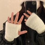 Warm Half Finger Gloves for Women: Luxurious Solid White Mink Fleece, Soft Knitted Fingerless Design, Perfect for Winter