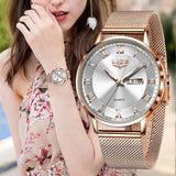 LIGE Women's Ultra-Slim Bracelet Watch: Luxury Week Date Fashion Dress Watch, Rose Gold Clock