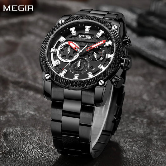 MEGIR Luxury Waterproof Business Watch: Calendar Quartz, Stainless Steel Chronograph