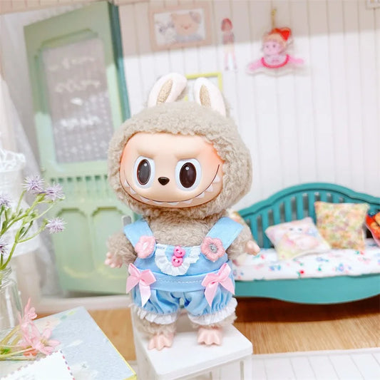 Labubu Doll Pajama Clothes Set – 17cm Plush Vinyl Outfit with Overalls, Cloak & Shirt for Cute Dress-Up Accessories & DIY Gift