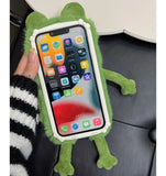 Charming Plush Frog Phone Case with Hand Warmer for iPhone 11-15 Pro Max, in a Fluffy Cartoon Style