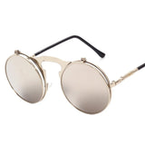 Steampunk Flip-Up Sunglasses for Men and Women: Retro Round Metal Frame Sun Glasses with Hinge Design, Curved Glasses Legs, and UV400 Protection