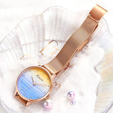 Women's Quartz Watch with Diamond Accents - Ocean Blue Big Dial, Fashionable Rose Gold Stainless Steel Mesh Strap