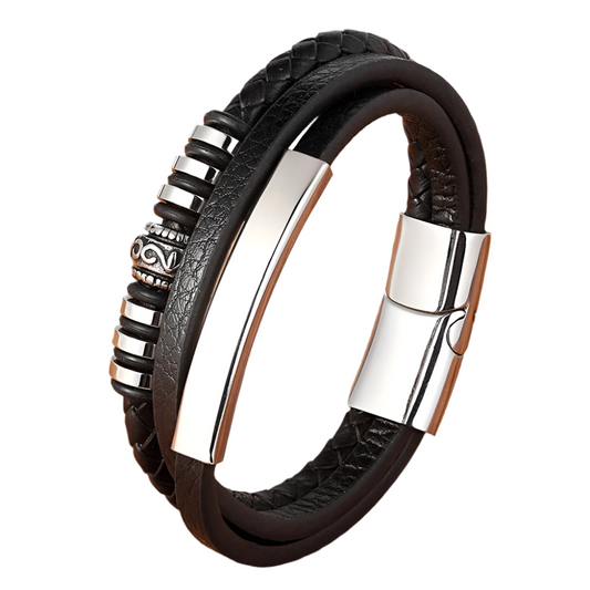 Men's Multi-Layer Leather Bracelet – Luxury Stainless Steel Accents | Perfect New Year's Gift with Velvet Bag