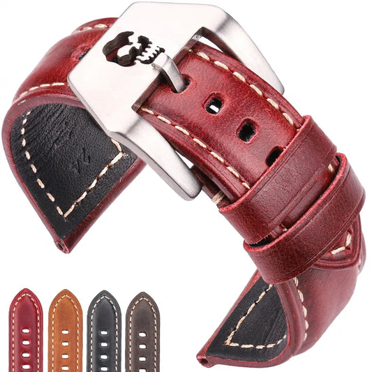 Handcrafted Cowhide Leather Watchbands in Brown, Blue, Green, and Red, Available in 22mm, 24mm, 26mm with Stainless Steel Skull Hollow Buckle