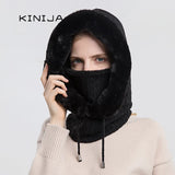 Women's Winter Hooded Fur Cap Set: Knitted Cashmere, Windproof Balaclava, Thick Plush Beanie