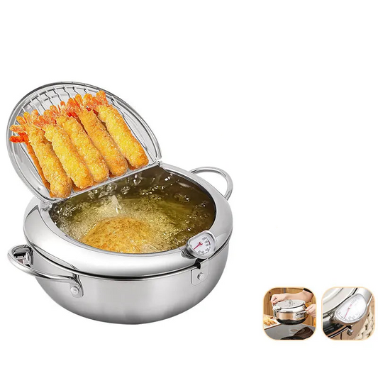 Small Stainless Steel Deep Fryer Pot for Japanese Tempura – Nonstick Frying Pot with Thermometer and Oil Drip Drainer Rack