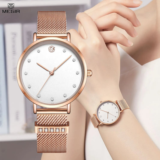 MEGIR Elegant Women's Quartz Wristwatch, Top Brand Luxury, Steel Bracelet Dress Watch, Female Timepiece, Relogio Feminino