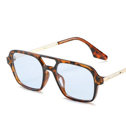 Retro Double Bridge Women's Sunglasses: Pink Gradient Eyewear with Hollow Leopard Blue Shades