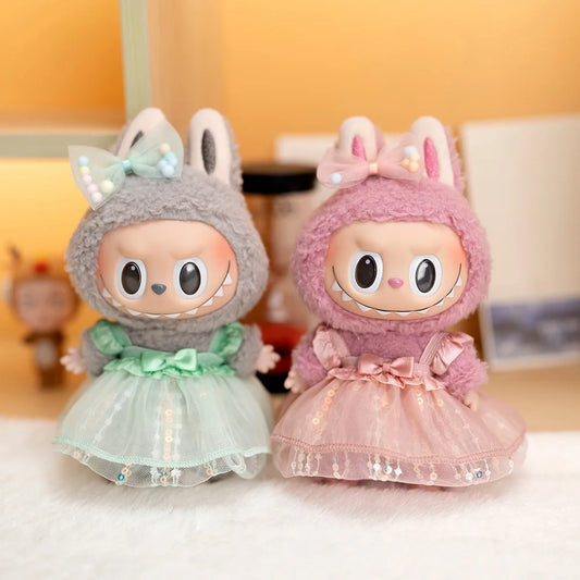 Labubu Doll Sequined Gauze Dress Set – 7 Color Options with Bow Detail for 17cm Plush Dolls, Dress-Up Accessories for Stylish Displays