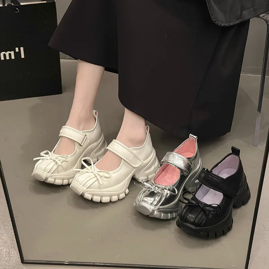 Women's Casual Silver Platform Ballet Shoes – Thick Sole Sneakers, Fashionable Summer Mary Jane Pumps