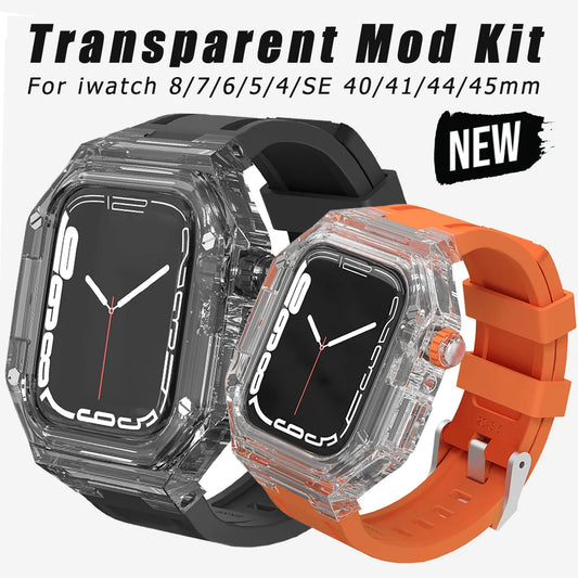 Transparent Case Band for Apple Watch 8, 7, 45mm - Rubber Mod Kit for iWatch Series 6, SE, 5, 4, 44-40mm