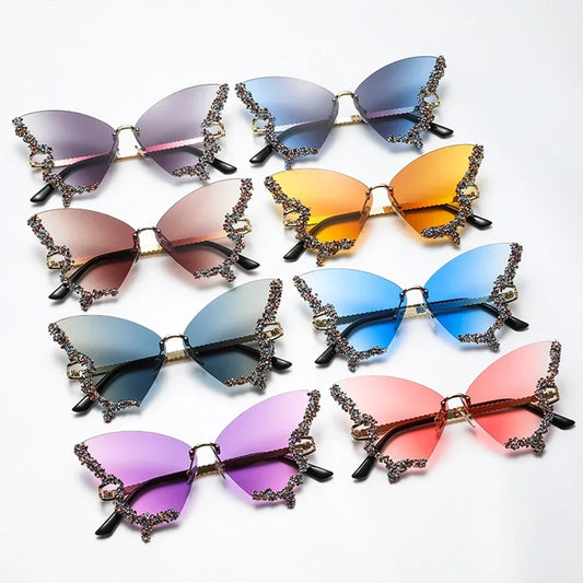 Vintage Brand Luxury Butterfly Sunglasses for Women with Rimless Design and Oversized Diamond Decor - Stylish Ladies' Eyewear