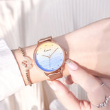 Women's Quartz Watch with Diamond Accents - Ocean Blue Big Dial, Fashionable Rose Gold Stainless Steel Mesh Strap