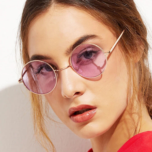 Vintage Pink Round Sunglasses for Women - Female Sun Shades with Alloy Mirrored Frames