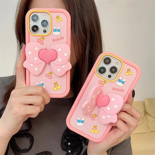 Adorable 3D Pink Love Heart Bow Bracket Silicone Phone Case for iPhone 11, 12, 13, 14 Pro Max