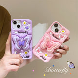 Pink Butterfly Wings Silicone Case for iPhone 11-14 Pro Max, with 3D Folding Bracket