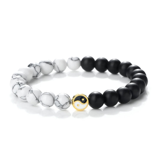 Yin Yang Tai Chi Elastic Bracelet – 8mm Pine Stone & Black Matte Beads | Energy Charm Natural Stone Couples Jewelry