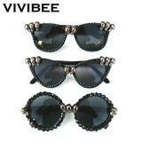 VIVIBEE Vintage Skull Sunglasses Women Black Rhinestone Y2K Retro Cat Eye Sun Glasses for Ladies Round Gothic Halloween Shades