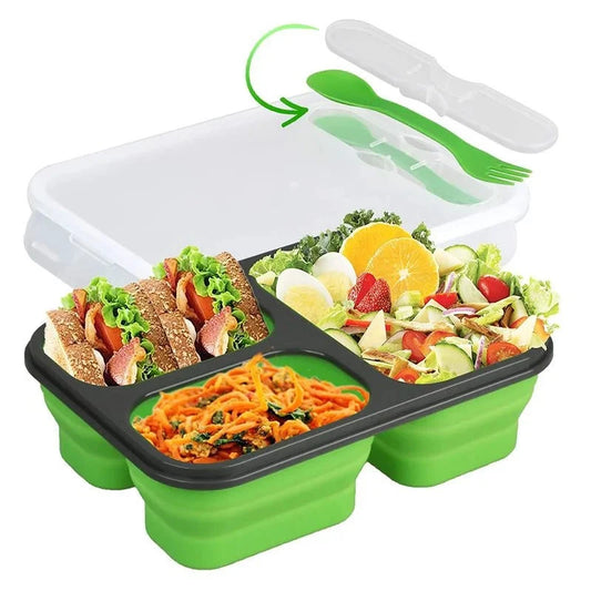 3-Compartment Collapsible Silicone Bento Lunch Box – Eco-Friendly, BPA-Free Food Container with Foldable Design and Included Spoon & Fork