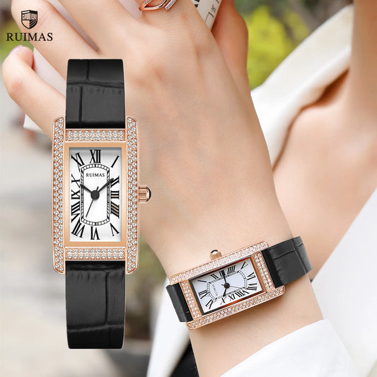 RUIMAS Women's Square Rose Gold Watch, Luxury Leather, Fashion Casual Quartz Ladies Wristwatch