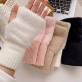 Warm Half Finger Gloves for Women: Luxurious Solid White Mink Fleece, Soft Knitted Fingerless Design, Perfect for Winter