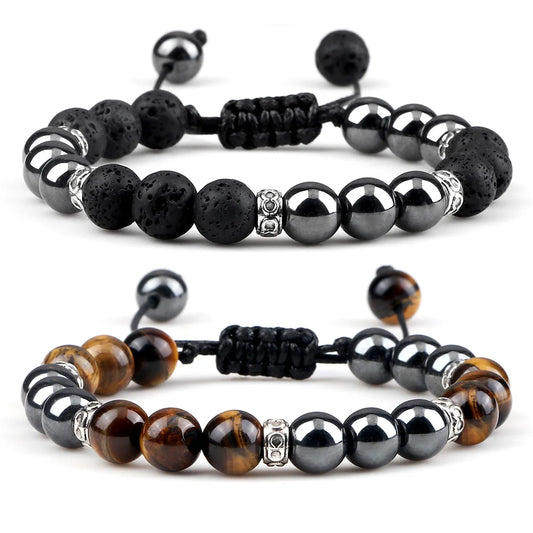 Men's Classic Hematite Beads Bracelet – 8mm Natural Tiger Eye & Lava Stone | Handmade Friendship Jewelry Gift