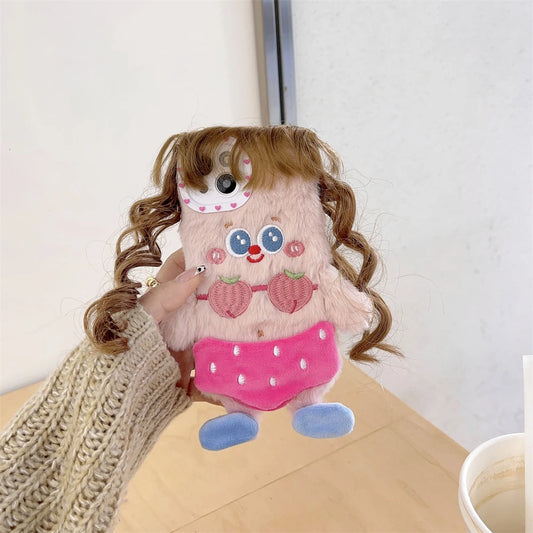 Ultra-Cute 3D DIY Curly Girl Phone Case for iPhone 11-15 Pro Max with Hairy Hand Warmer