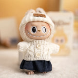 Labubu V1/V2 Party Outfit Set – 17cm Plush Doll Clothes with Bear Label Sweater, Jean Shorts, Scarf & Hat Accessories