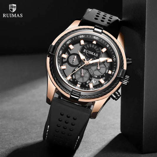 RUIMAS High-End Men's Quartz Wristwatch: Silicone Strap, Large Dial, Military-Style Sports Watch