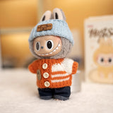 Labubu V1/V2 Party Outfit Set – 17cm Plush Doll Clothes with Bear Label Sweater, Jean Shorts, Scarf & Hat Accessories