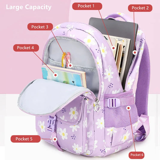 Big school backpacks for girls aged 7 to 10: Purple bag with flowers and lots of pockets, great for middle school