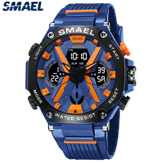 Sport Watches for Men - Digital LED and Analog Quartz Display, Fashionable Blue Orange Stopwatch, Waterproof Male Clock