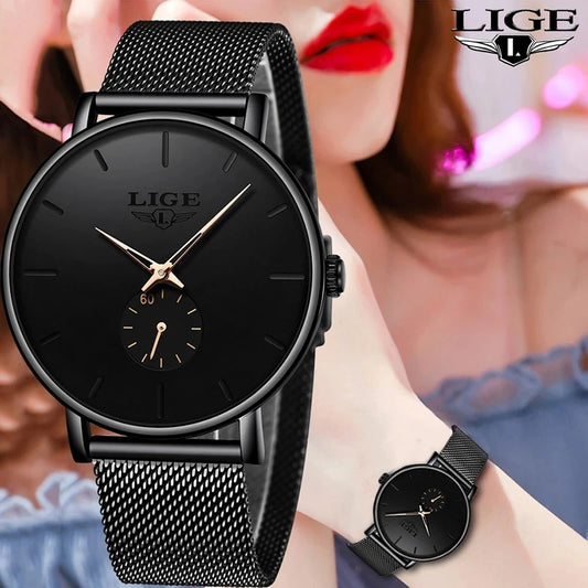 LIGE Women's Luxury Casual Fashion Watch: Top Brand Casual Quartz Waterproof Mesh Belt Ladies Wristwatch