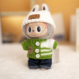 Labubu V1/V2 Party Outfit Set – 17cm Plush Doll Clothes with Bear Label Sweater, Jean Shorts, Scarf & Hat Accessories