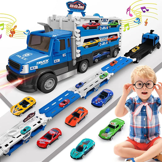 Engineering Transport Carrier Truck Toys for Kids: Folding Metal Vehicle with Light and Sound Effects, Race Cars—Perfect Birthday Gift