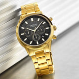 MEGIR Luxury Mens Chronograph Watch: Stainless Steel Band, Gold Black Quartz