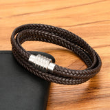 Men's 20cm Double-Layer Braided Brown Leather Bracelet – Stainless Steel Magnetic Clasp | Fashion Jewelry Bangle