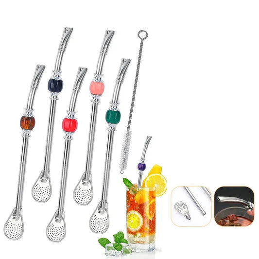 Stainless Steel Yerba Mate Bombilla Straw – Gourd Drinking Spoon with Removable Filter Head and Cleaning Brush