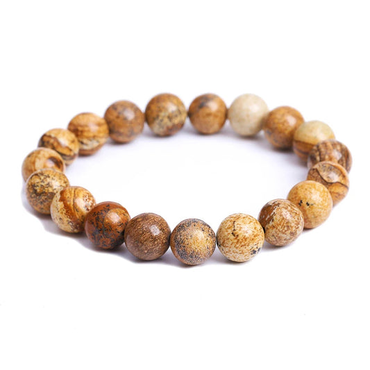 Men's 19cm Natural Stone Picture Jasper Beads Bracelet – Handmade Fashion Yoga Mala Jewelry for Healing